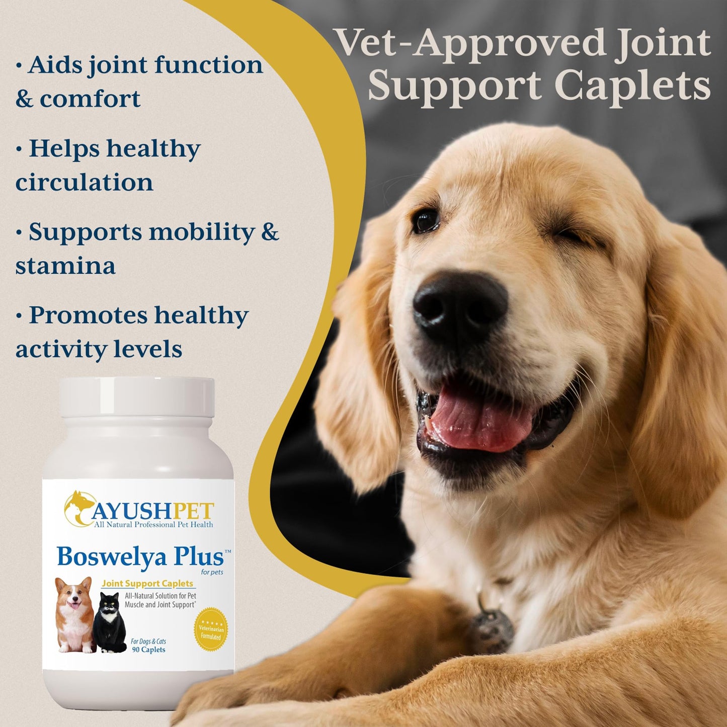Ayush Pet Boswelya Plus, Joint and Muscle Support for Pets, Ayurvedic Pet Supplement with Boswellia, Ginger, and Bromelain, Large or Small Animals, 90 Vegetarian Caplets