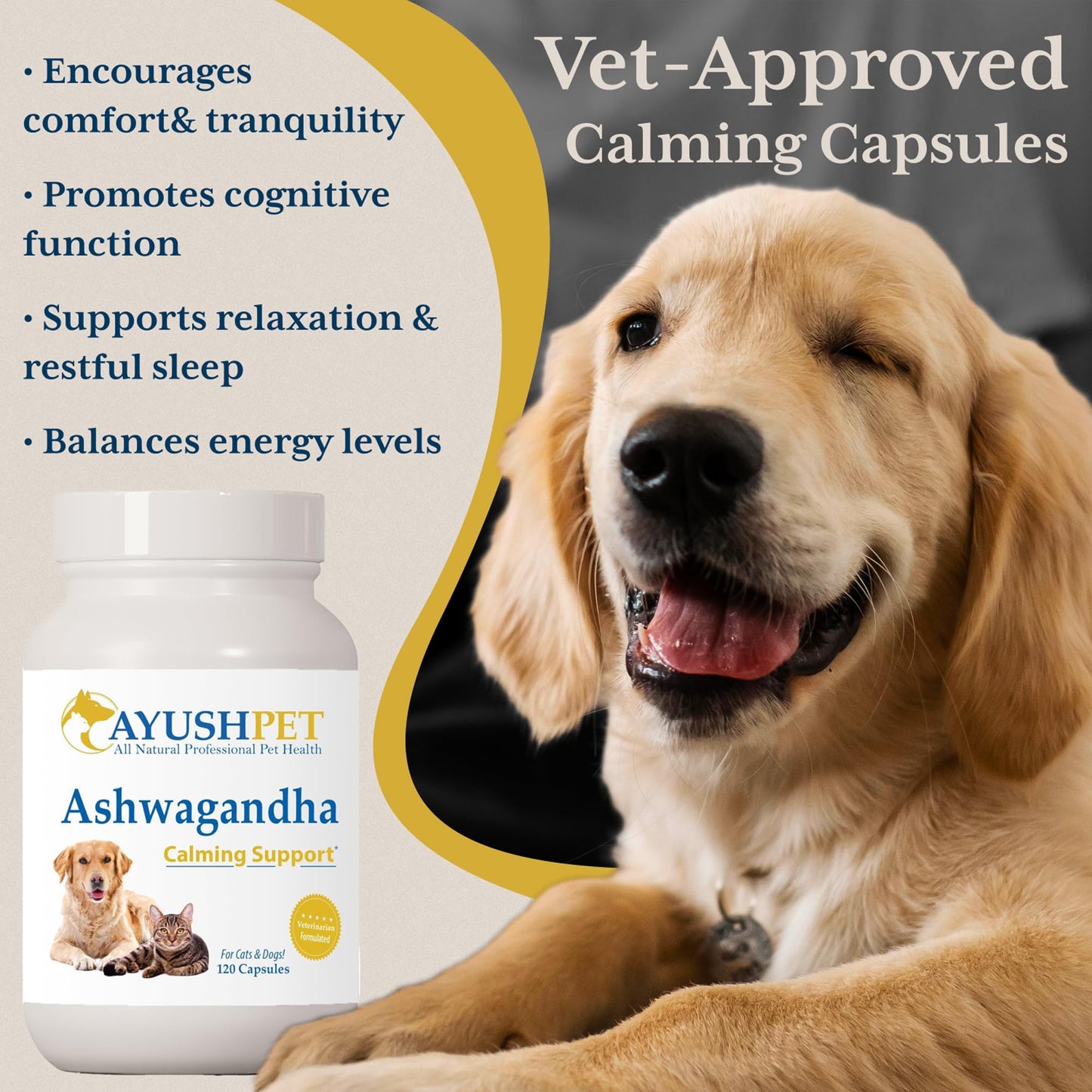Ayush Pet Stress Support, Ashwagandha Calming Aid for Pets, Promotes Energy and Vitality, 120 Capsules