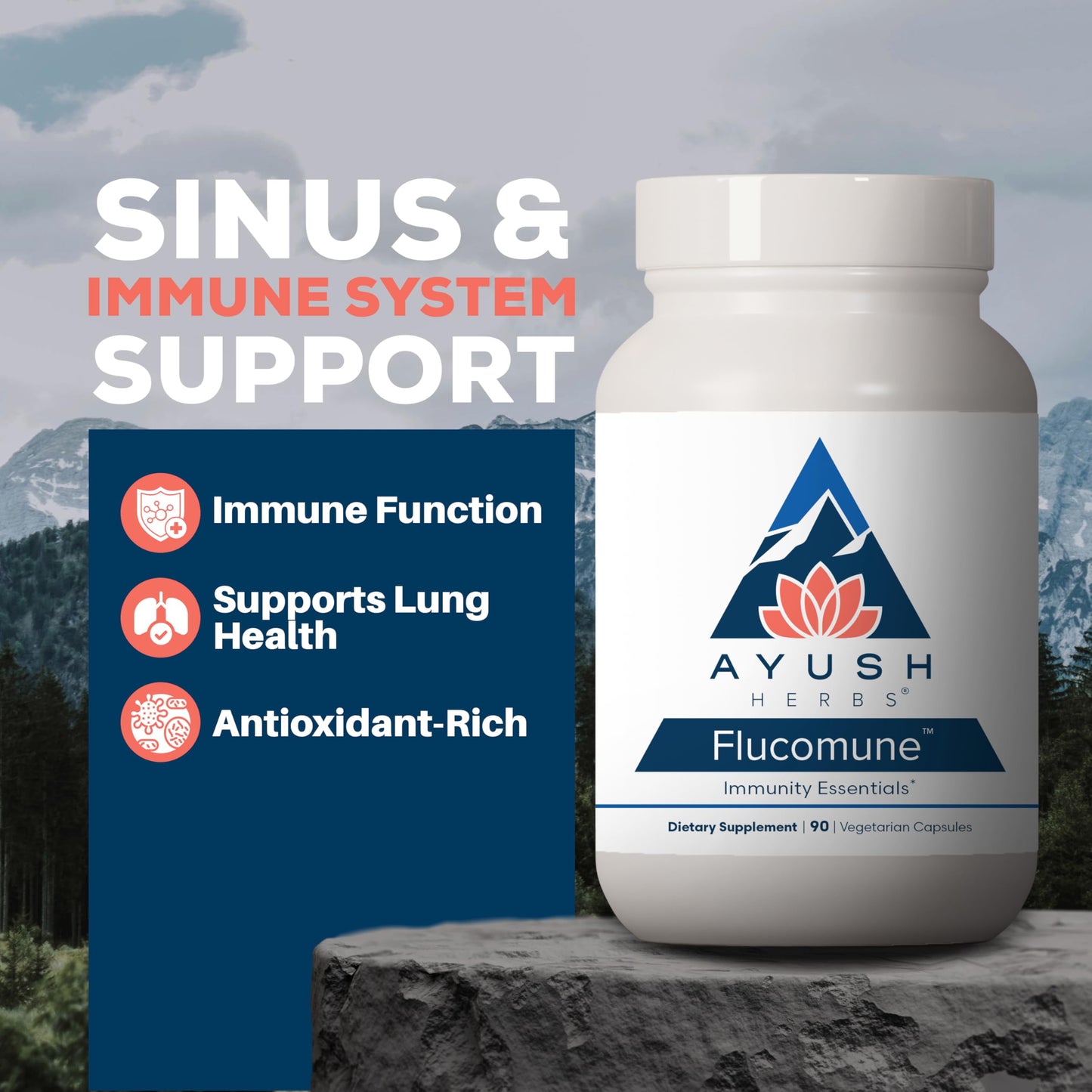 Ayush Herbs Flucomune - Immune Support Supplement, Sinus Support for Women & Men, Herbal Lung & Respiratory Balance for Adults - 90 Vegetarian Capsules (1 Count)