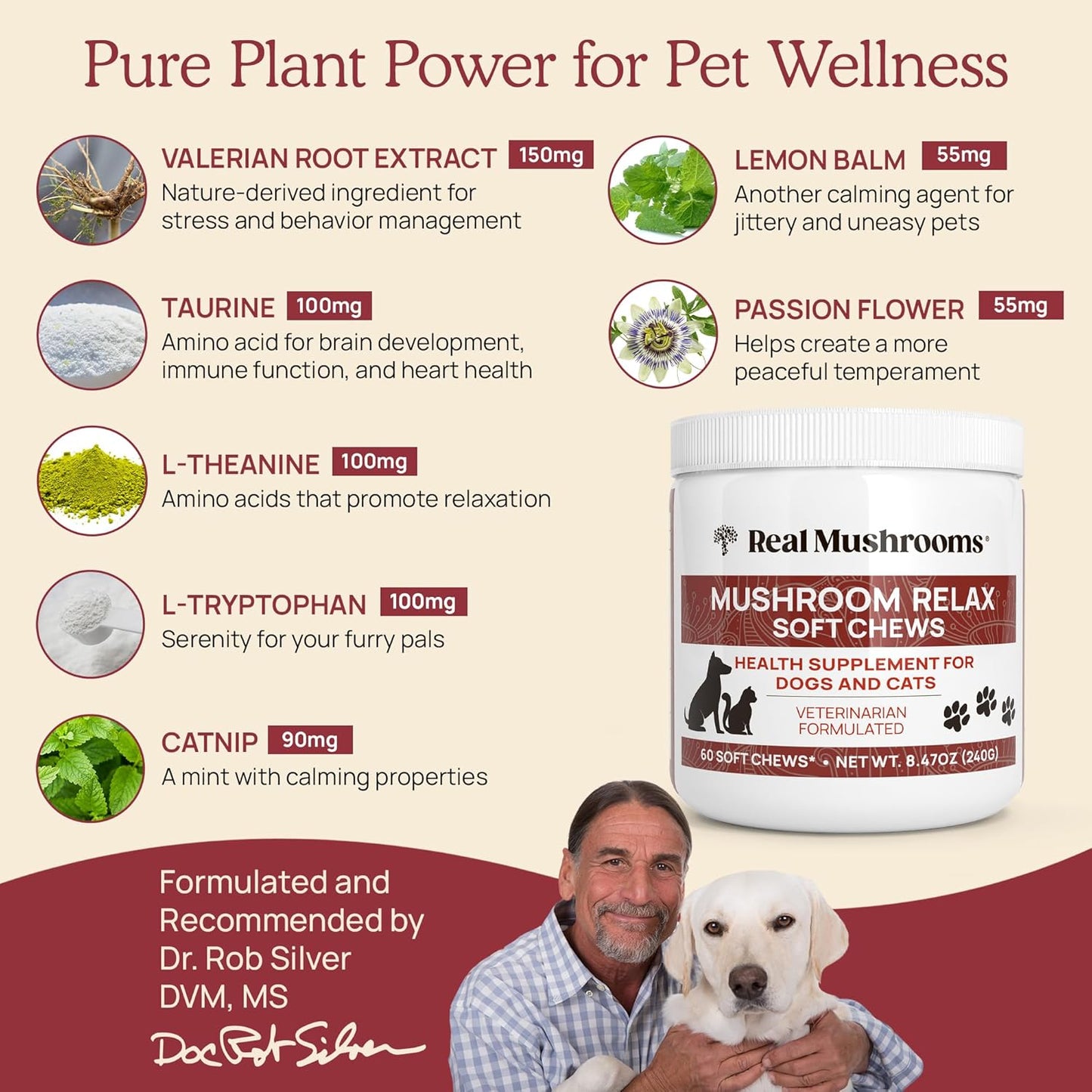 Real Mushrooms Calming Chews for Dogs - Cat Dog Treats w Reishi Lions Mane, Dogs, Relaxation, Bites Pet, 60ct