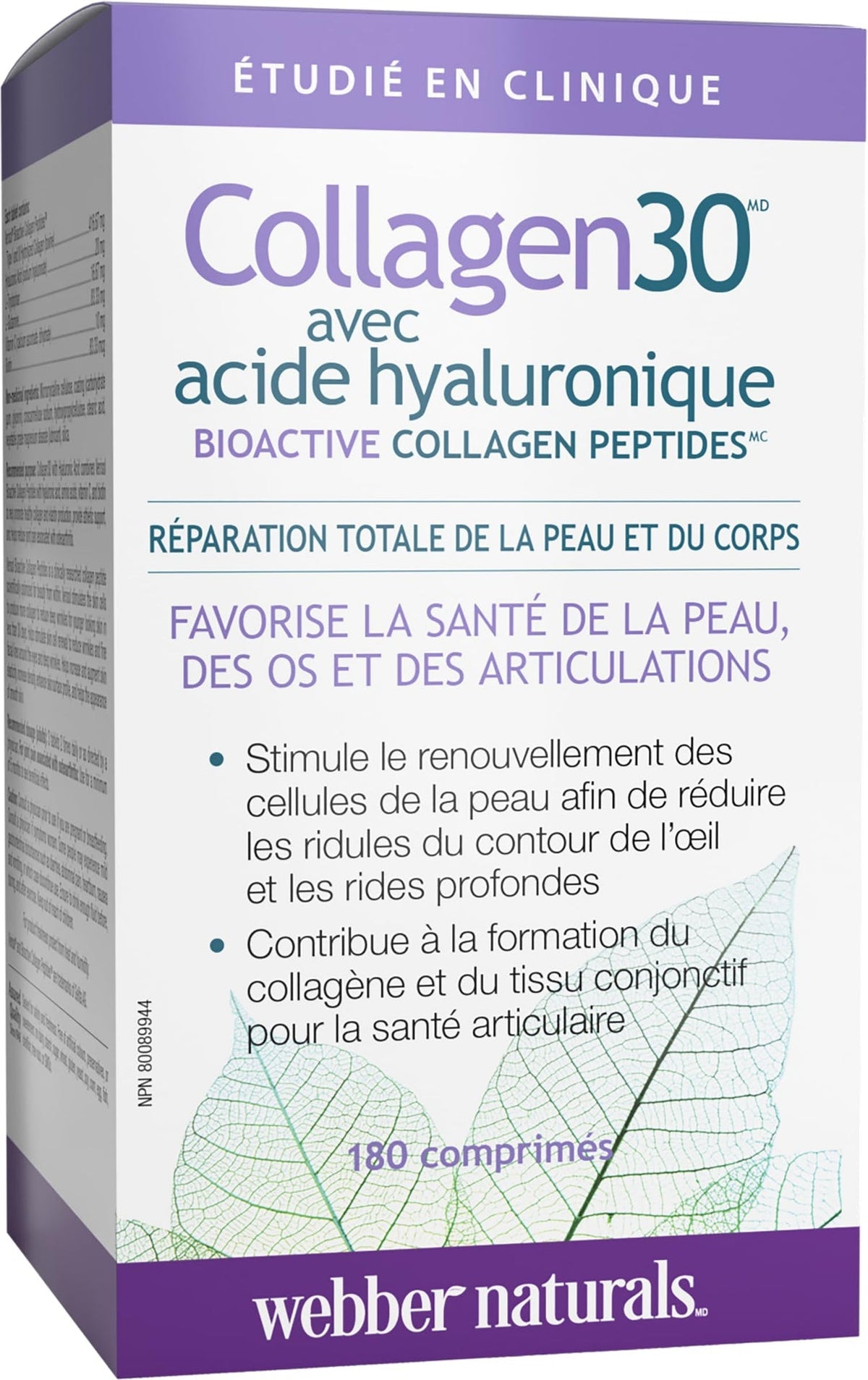 Webber Naturals Collagen30 with Hyaluronic Acid, Bioactive Collagen Peptides, 180 Tablets, Helps Reduce Joint Pain, Eye Wrinkles and Fine Facial Line