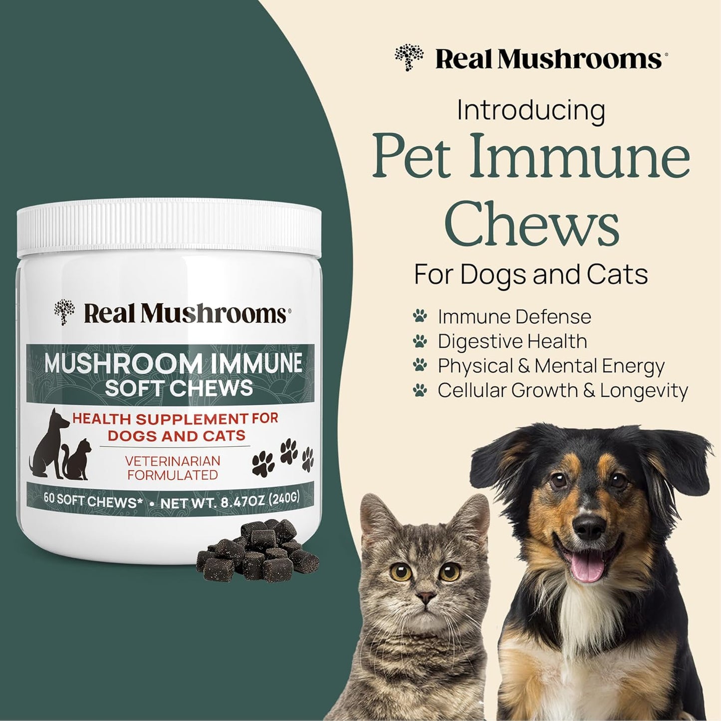 Mushroom Immune Support Pet Chews 60ct Treats for Dogs Booster Supplements Pets with Ashwagandha, Astragalus, Blueberry, Olive Leaf, Acerola Gut Health and Cats