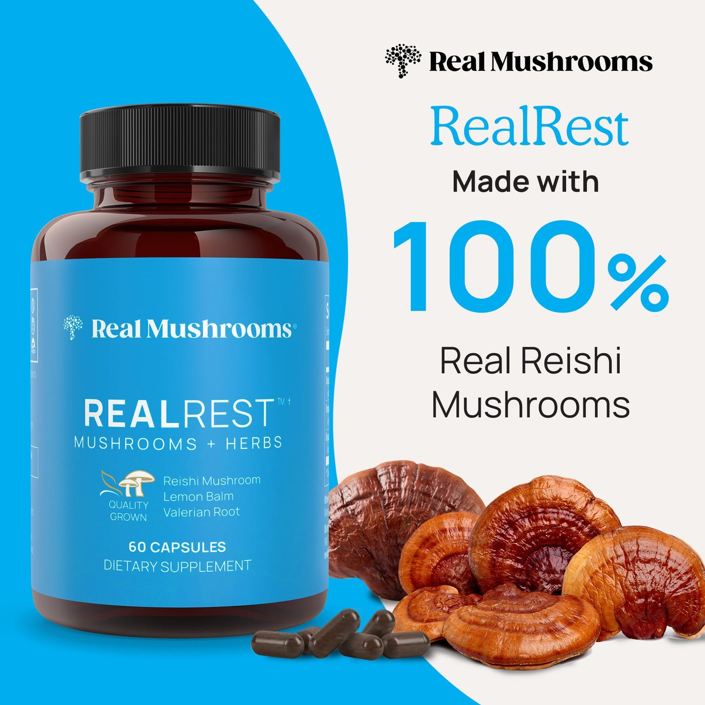 Real Mushrooms RealRest 60ct Reishi Mushroom Capsules for Relaxation - Organic with Lemon Balm Herb Sleep Support Supplement Complex Rest Immune