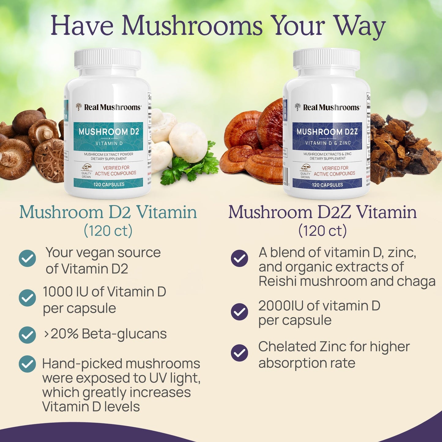 Real Mushrooms Zinc Supplements for Adults 120ct Vitamin D2 Immune Support with Chaga Reishi - Vegan, Gluten-Free, Non-GMO Vitamins Mushroom Capsules