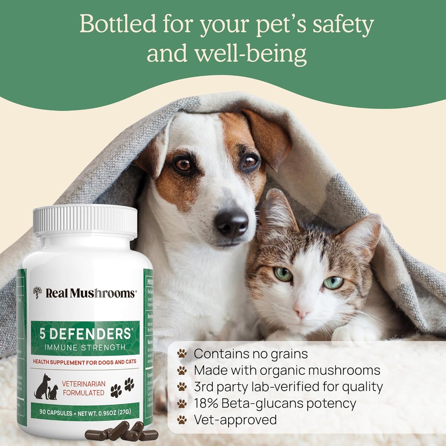 5 Defenders Mushroom Supplements for Cat Dog Vitamins Health Support with Chaga, Shiitake, Reishi Turkey Tail - Vet-Approved Powder Capsules 90ct