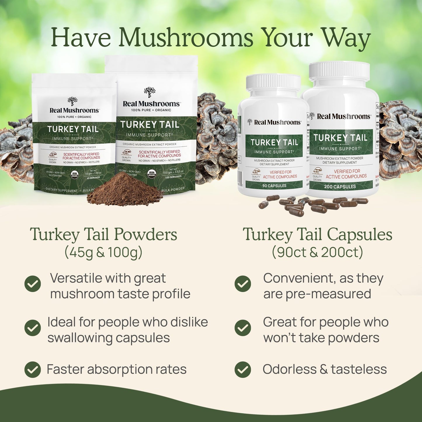 Real Turkey Tail Powder - Organic Mushroom Supplement with Potent Extract for Gut, Energy, Brain, Immune Support Vegan, Non-GMO, 45 Servings