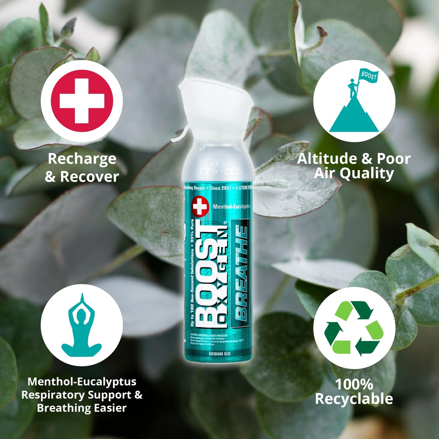 Boost Oxygen Medium Breathe Menthol-Eucalyptus Aroma 5 Liter Canister | All-Natural Resiratory Support for Aerobic Recovery, Altitude, Performance and Health (4 Pack)