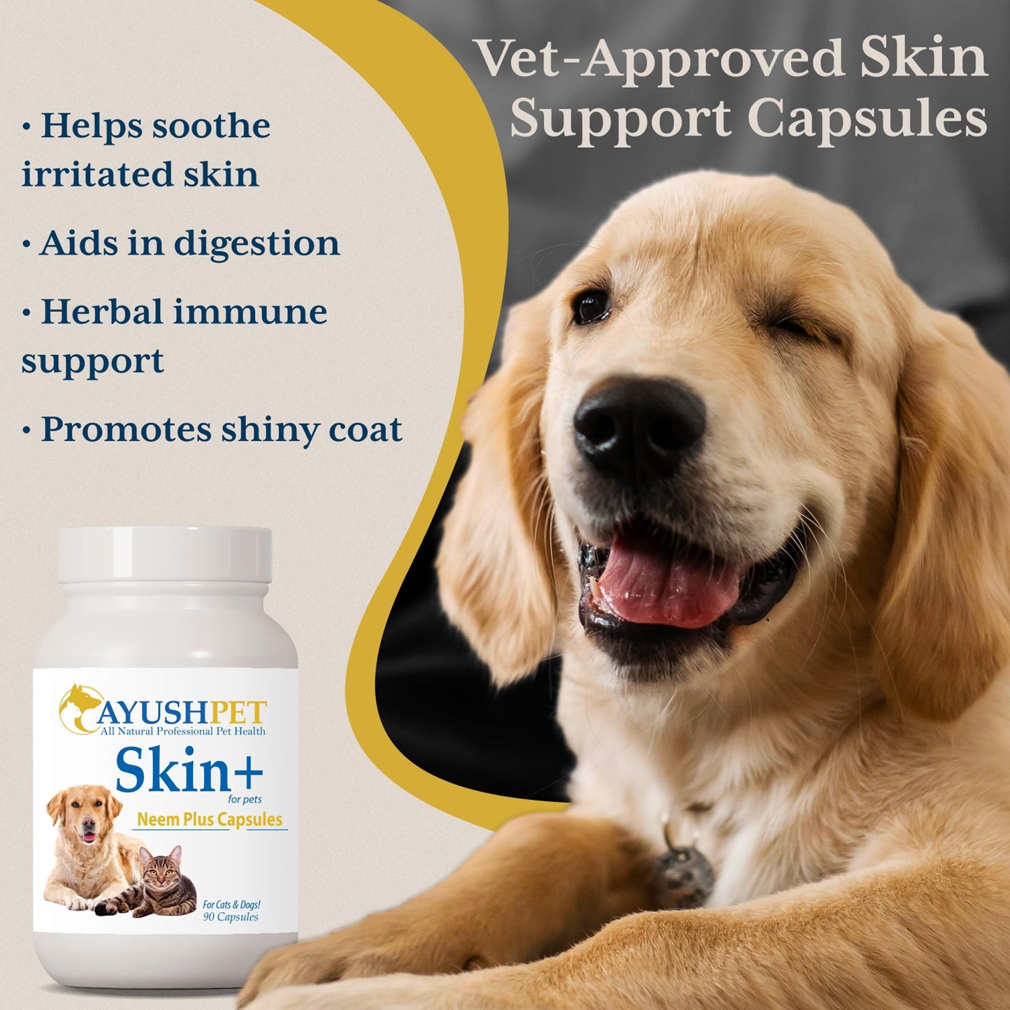 Ayush Pet Skin Plus, Neem Supplement for Healthy Skin and Coat, Supports Gut and Immunity, 90 Capsules