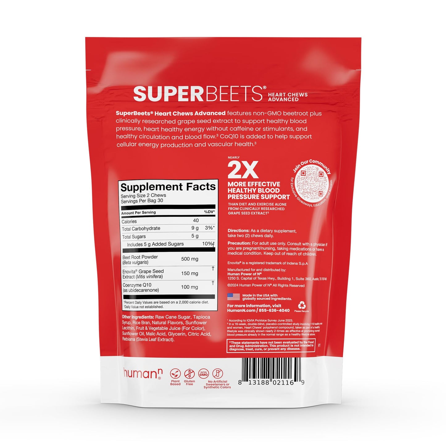 HumanN SuperBeets Heart Chews Advanced - 100mg of CoQ10 Plus Beetroot & Grape Seed Extract, 120 Count
