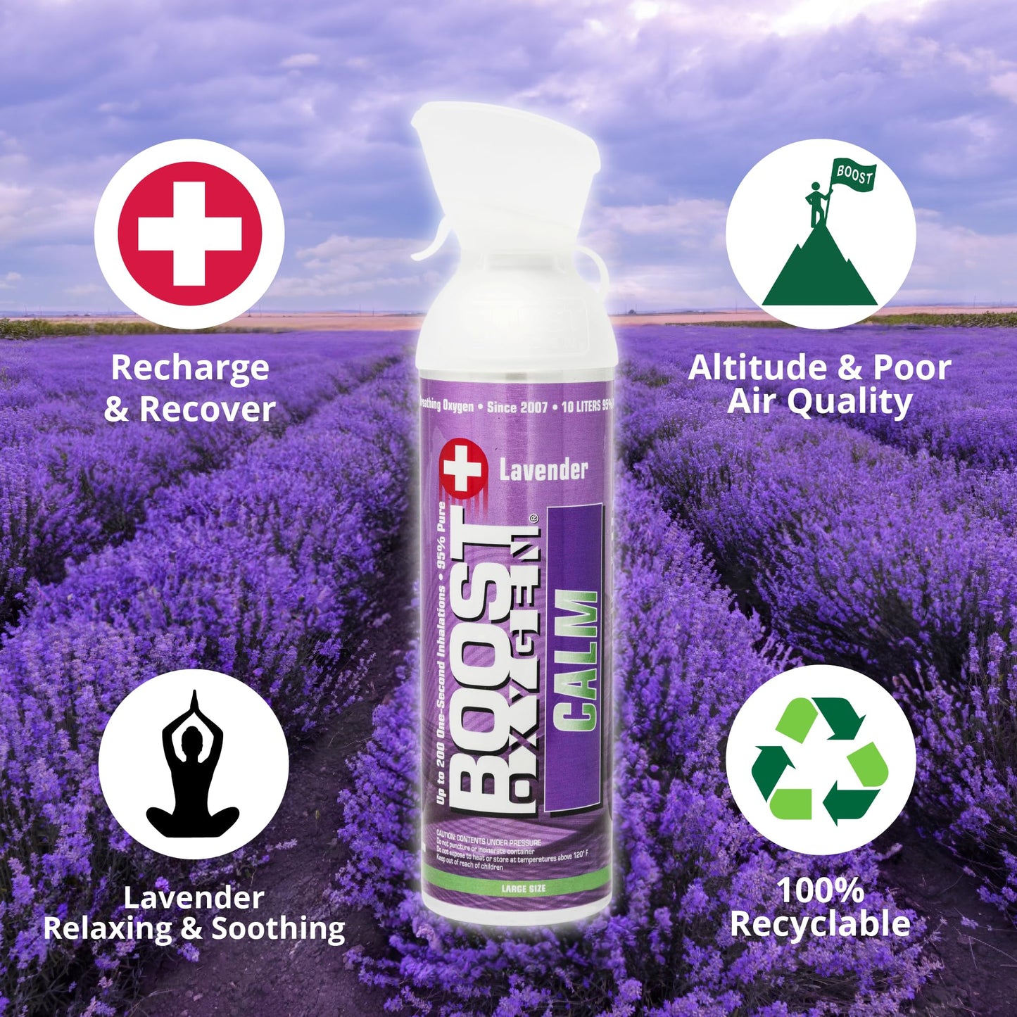 Boost Oxygen Large Calm Lavender Aroma 10L Canister | Respiratory Support for Aerobic Recovery, Altitude, Performance & Health (4 Pack)