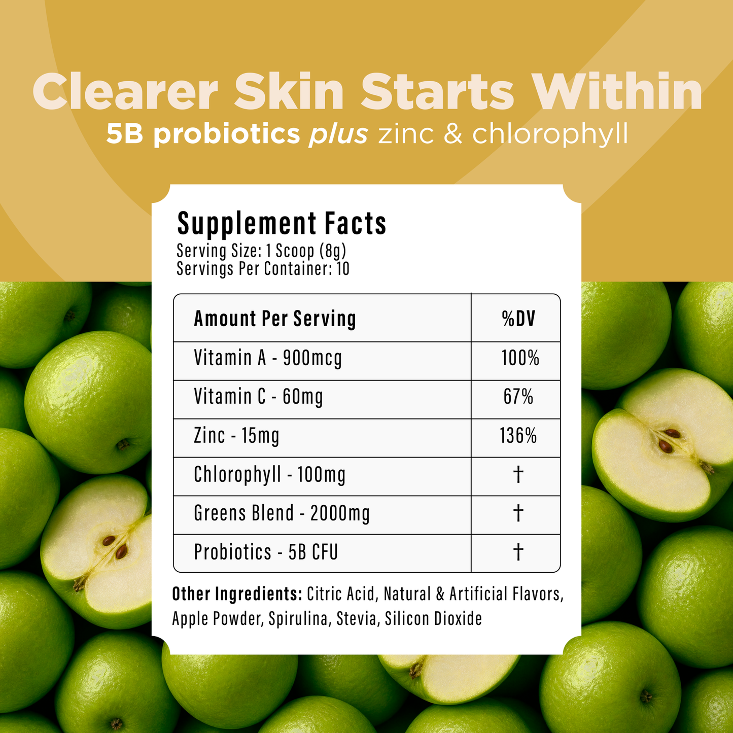 Thryven Clear Skin — Skin Support Drink Mix with Zinc, Chlorophyll, Greens & Probiotics* | Daily Detox + Gut-Skin Balance | Green Apple Cleanse | 10 Stick Packs