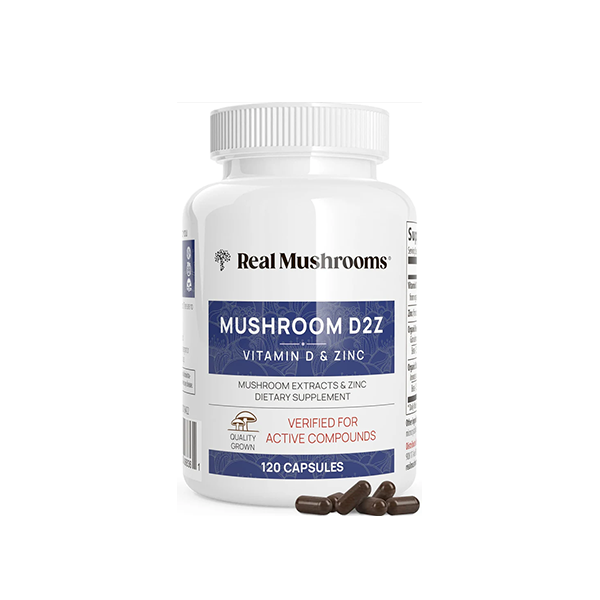 Real Mushrooms Zinc Supplements for Adults 120ct Vitamin D2 Immune Support with Chaga Reishi - Vegan, Gluten-Free, Non-GMO Vitamins Mushroom Capsules