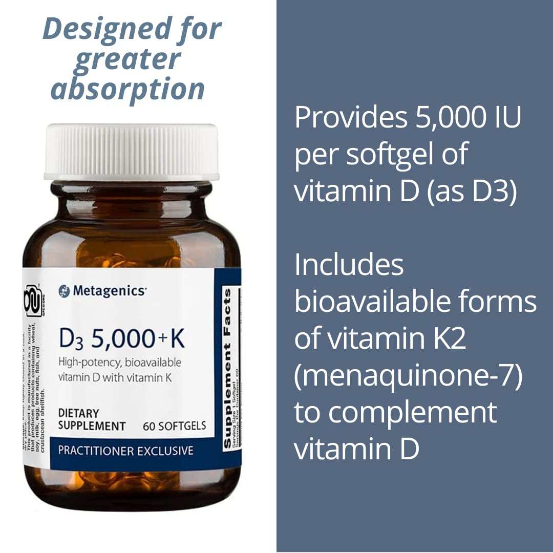 Metagenics - D3 5000 + K, Vitamin D and Vitamin K - 60 Softgels
