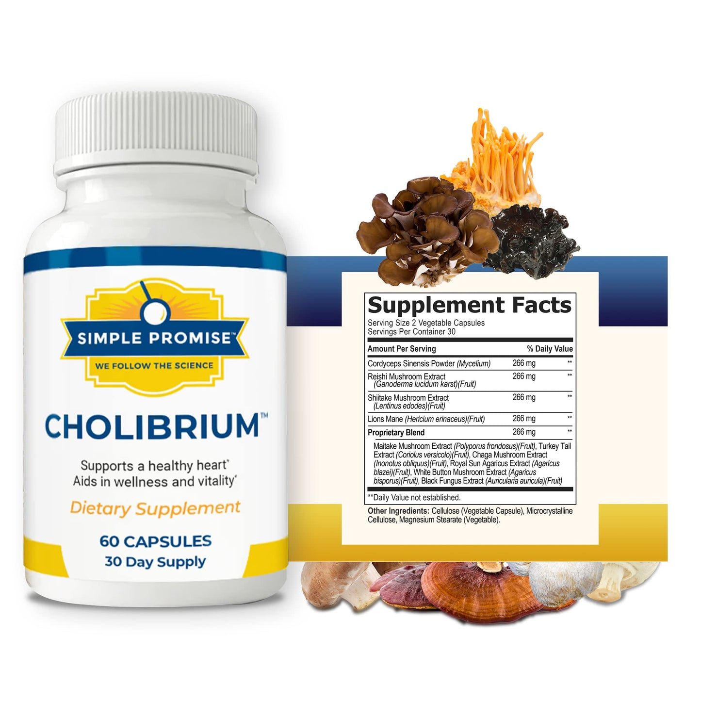 Simple Promise - Cholibrium - Mushroom Supplement with Lions Mane - Heart and Cholesterol Support - 60 Capsules
