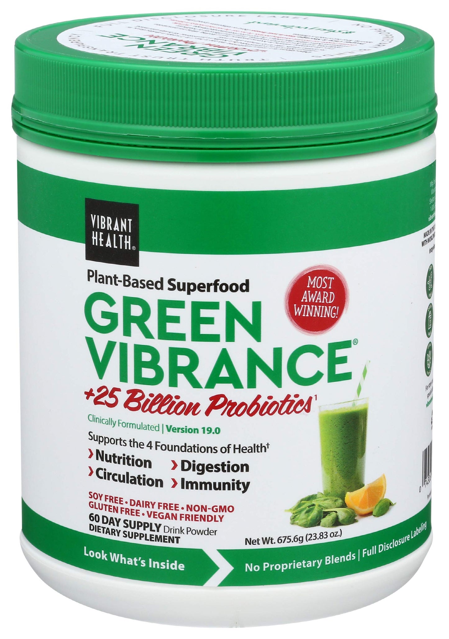 Vibrant Health, Green Vibrance, Includes 65 Plant-Based Superfoods, 25 Billion Probiotics, Fiber, Adaptogens & Enzymes, 30 Servings