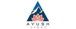 Blue triangle with white mountain peaks, red lotus flower, Ayush Herbs text logo