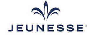 Jeunesse logo with stylized navy leaf graphic above company name on white background