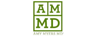 Green AMMD logo with bold letters in a square grid and text Amy Myers MD below