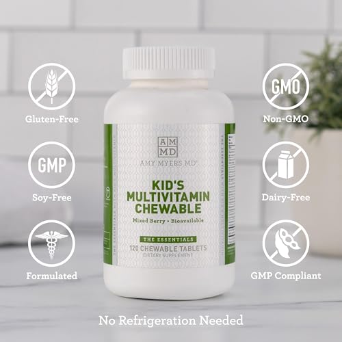 Amy Myers MD Kids Multivitamin Chewable for Optimal Health - Activated B Vitamins, Zinc, Selenium, Iodine + More - 23 Vitamins & Minerals, Gluten Free - Berry Flavor, 120 Tablets