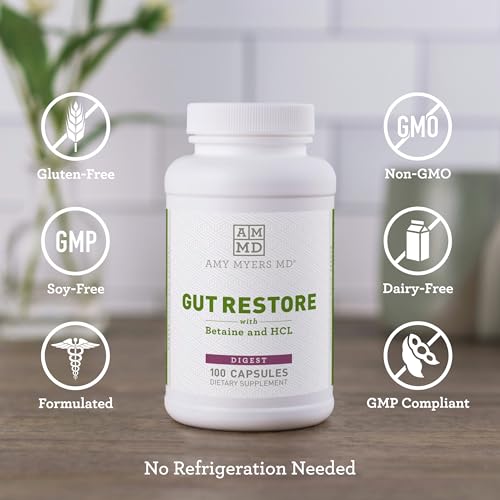 Amy Myers Gut Restore Betaine HCL with Pepsin - Supports Calcium, Iron & Other Mineral Absorption. Licorice, Slippery Elm & Marshmallow Root Extract, Helps Alleviate Food Sensitivities - 100 Capsules