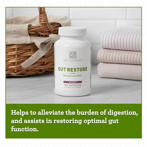Amy Myers Gut Restore Betaine HCL with Pepsin - Supports Calcium, Iron & Other Mineral Absorption. Licorice, Slippery Elm & Marshmallow Root Extract, Helps Alleviate Food Sensitivities - 100 Capsules