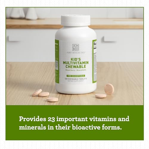 Amy Myers MD Kids Multivitamin Chewable for Optimal Health - Activated B Vitamins, Zinc, Selenium, Iodine + More - 23 Vitamins & Minerals, Gluten Free - Berry Flavor, 120 Tablets