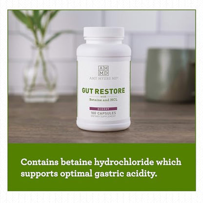 Amy Myers Gut Restore Betaine HCL with Pepsin - Supports Calcium, Iron & Other Mineral Absorption. Licorice, Slippery Elm & Marshmallow Root Extract, Helps Alleviate Food Sensitivities - 100 Capsules