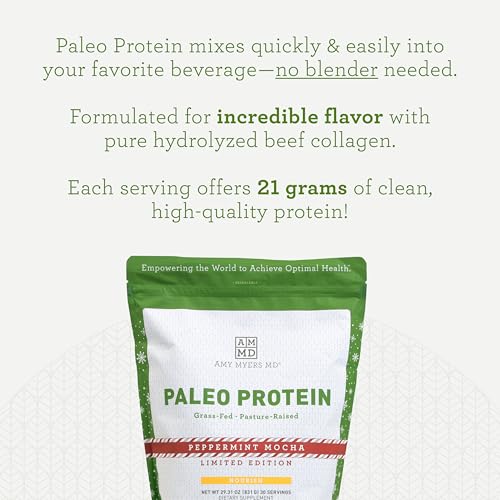Amy Myers MD Pure Paleo Protein Powder - Clean Grass Fed Pasture Raised Protein - Hormone Free, Non-GMO, Gluten & Dairy Free - Perfect for Keto and Paleo - 29.31 Oz - Peppermint Mocha