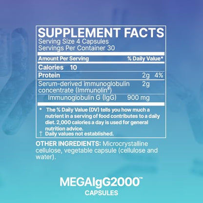 Microbiome Labs Mega IgG2000 Capsules - Dairy Free Bovine Colostrum Supplement Alternative - Immunoglobulin Supplement from Bovine Serum to Support Digestive Health (120 Capsules)