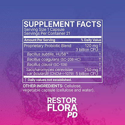 Microbiome Labs RestorFlora PD - Men's & Women's Probiotics for Digestive Health & Gut Reset - Spore Based Saccharomyces Boulardii Probiotics to Help Restore Microbial Balance (21 Capsules)