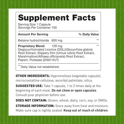 Amy Myers Gut Restore Betaine HCL with Pepsin - Supports Calcium, Iron & Other Mineral Absorption. Licorice, Slippery Elm & Marshmallow Root Extract, Helps Alleviate Food Sensitivities - 100 Capsules