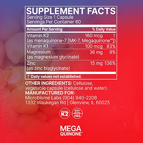 Microbiome Labs MegaQuinone - Vitamin K Supplement with Vitamin K2 MK7 + K1 - with Chelated Magnesium + Zinc for Improved Absorption (60 Capsules)
