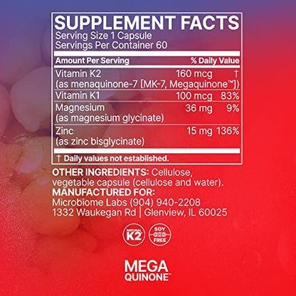 Microbiome Labs MegaQuinone - Vitamin K Supplement with Vitamin K2 MK7 + K1 - with Chelated Magnesium + Zinc for Improved Absorption (60 Capsules)