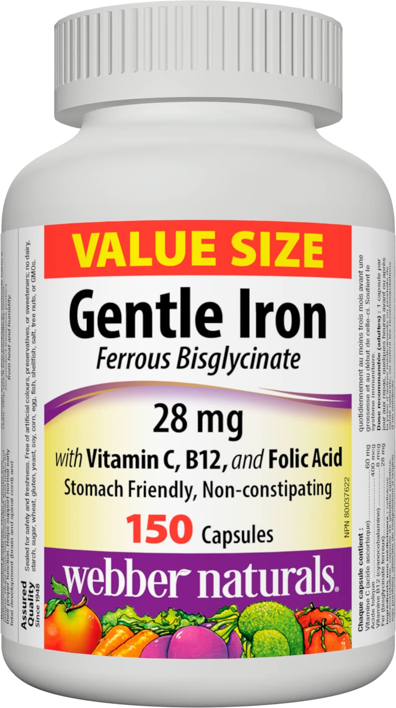 Webber Naturals Gentle Iron Supplement 28 mg, Highly Bioavailable Form of Iron, 150 Capsules, Stomach-Friendly, Non-Constipating, Helps Prevent Iron Deficiency Anemia