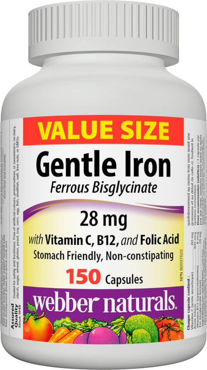 Webber Naturals Gentle Iron Supplement 28 mg, Highly Bioavailable Form of Iron, 150 Capsules, Stomach-Friendly, Non-Constipating, Helps Prevent Iron Deficiency Anemia