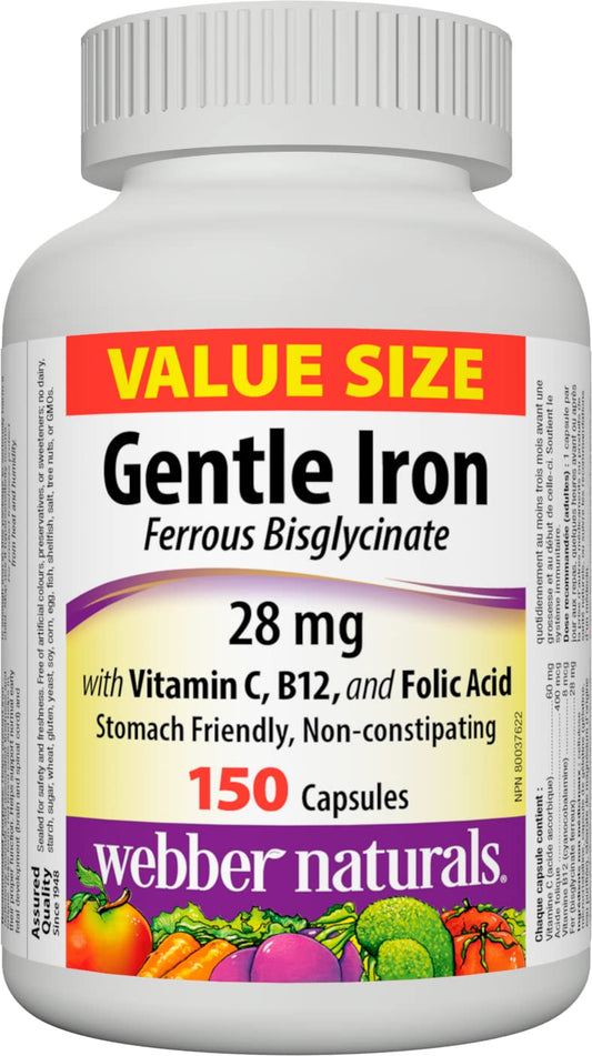 Webber Naturals Gentle Iron Supplement 28 mg, Highly Bioavailable Form of Iron, 150 Capsules, Stomach-Friendly, Non-Constipating, Helps Prevent Iron Deficiency Anemia