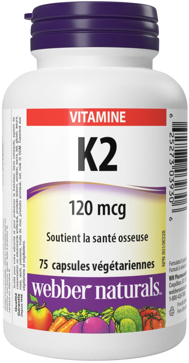 Webber Naturals Vitamin K2 120 mcg, 75 Capsules, MK-7 Formula, Helps Support Bones, Vegan