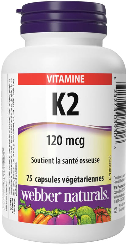 Webber Naturals Vitamin K2 120 mcg, 75 Capsules, MK-7 Formula, Helps Support Bones, Vegan