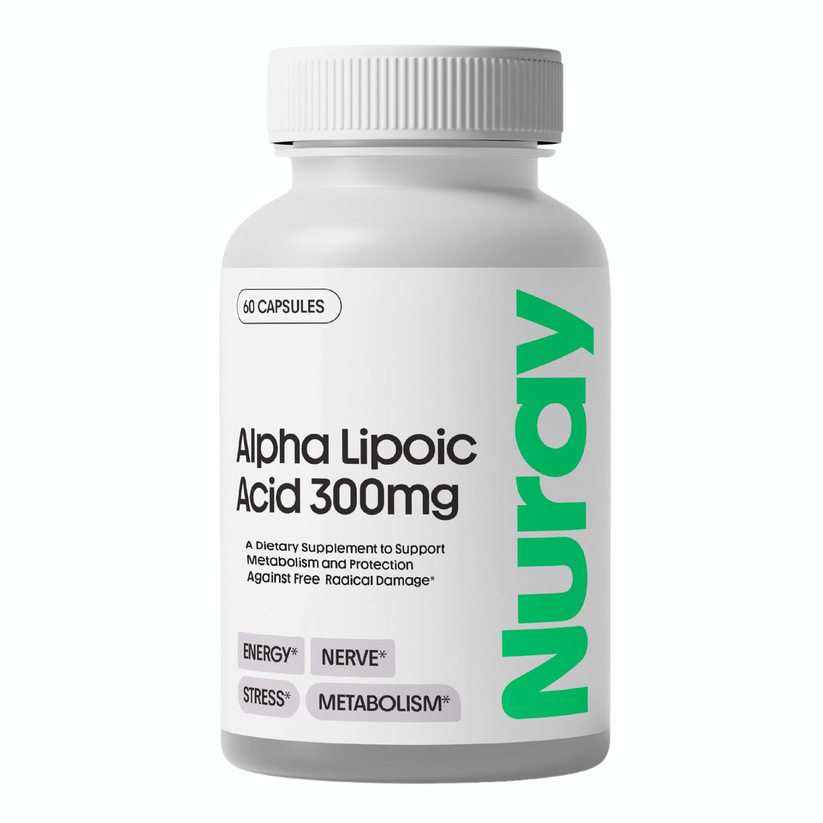 Acide Alpha-Lipoïque 300mg Nuray - Complément Antioxydant pour un Vieillissement en Bonne Santé, Soutient la Production d'Énergie, la Fonction Nerveuse Appropriée, le Métabolisme - 60 Gélules Végétariennes, Complément Alimentaire Sans Gluten