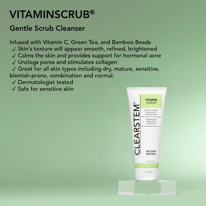 CLEARSTEM - VITAMINSCRUB - Antioxidant-Infused Scrub Cleanser - Exfoliating Face Wash + Body Scrub - Vitamin C, Hemp, Bamboo - Skin Care Products - Vegan, Gluten Free, Cruelty Free - 6 fl oz / 177ml