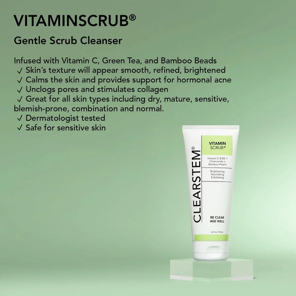 CLEARSTEM - VITAMINSCRUB - Antioxidant-Infused Scrub Cleanser - Exfoliating Face Wash + Body Scrub - Vitamin C, Hemp, Bamboo - Skin Care Products - Vegan, Gluten Free, Cruelty Free - 6 fl oz / 177ml