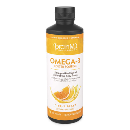 BRAINMD Dr Amen Omega-3 Power Squeeze, Citrus Blast - 16.8 oz - Supports Cardiovascular, Brain & Immune System Health - Gluten Free - 30 Servings