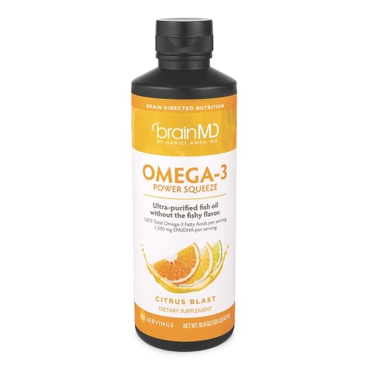 BRAINMD Dr Amen Omega-3 Power Squeeze, Citrus Blast - 16.8 oz - Supports Cardiovascular, Brain & Immune System Health - Gluten Free - 30 Servings