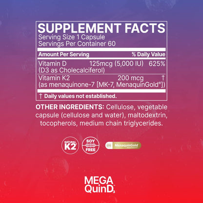 Microbiome Labs MegaQuin D3 - High Potency Vitamin D3 K2 Supplement - Bioactive & Bioavailable - Vitamin D3 5000 iu & MK-7 - Support Bone, Heart, Nerve & Immune Health (60 Capsules)