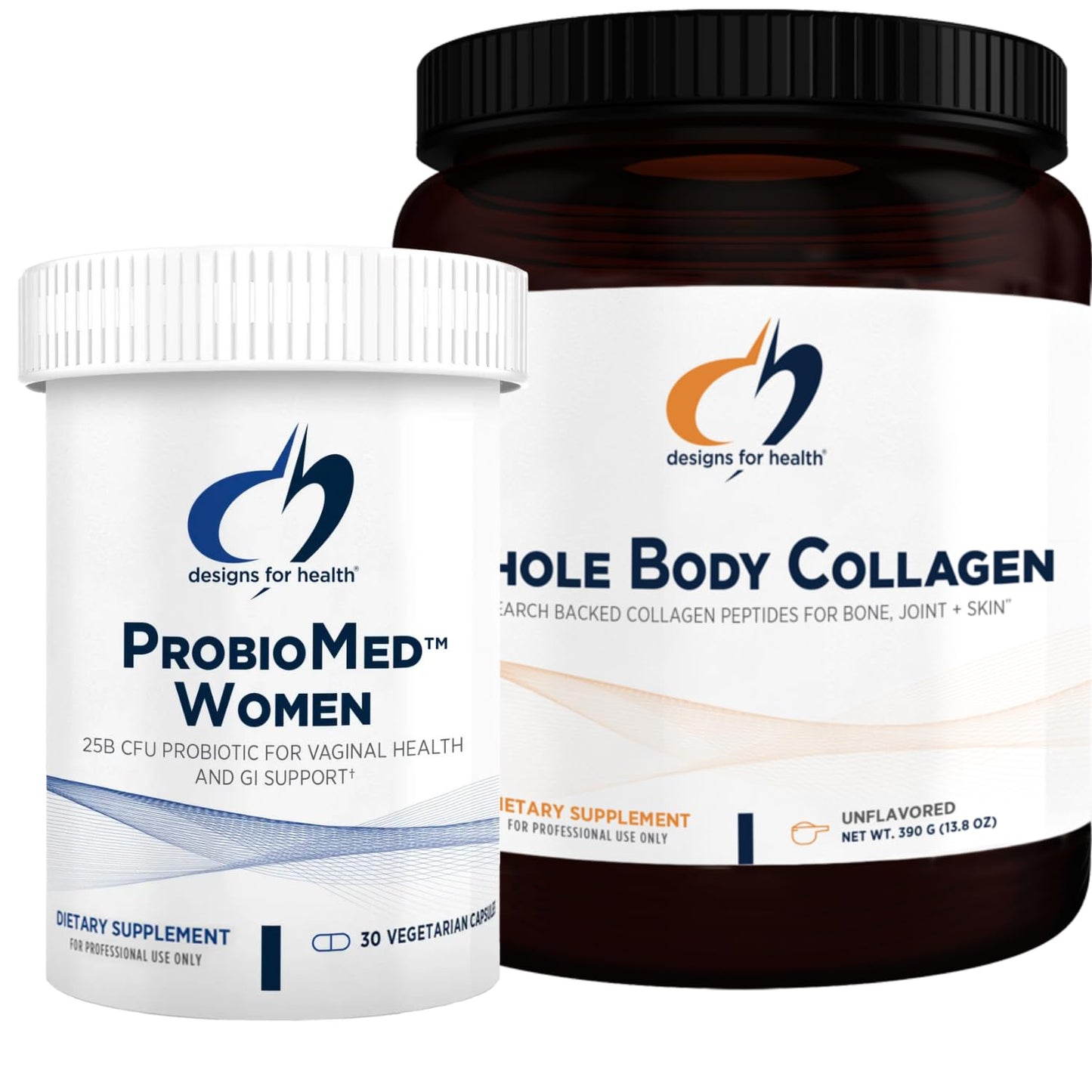Designs for Health Collagen Powder & Women's Probiotic Bundle - ProbioMed Women (30 Capsules) Gut Health & Vaginal Support Probiotic with Whole Body Collagen (390g) Peptides for Bones, Joint & Skin