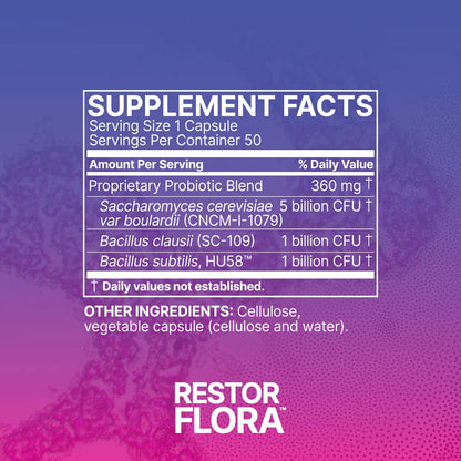 Microbiome Labs Restorflora Probiotics for Digestive Health - Gut Health Supplements with Dual Action Probiotics for Women, Men & Kids 5+ - Support Bowel Regularity & Immune Function (50 Capsules)