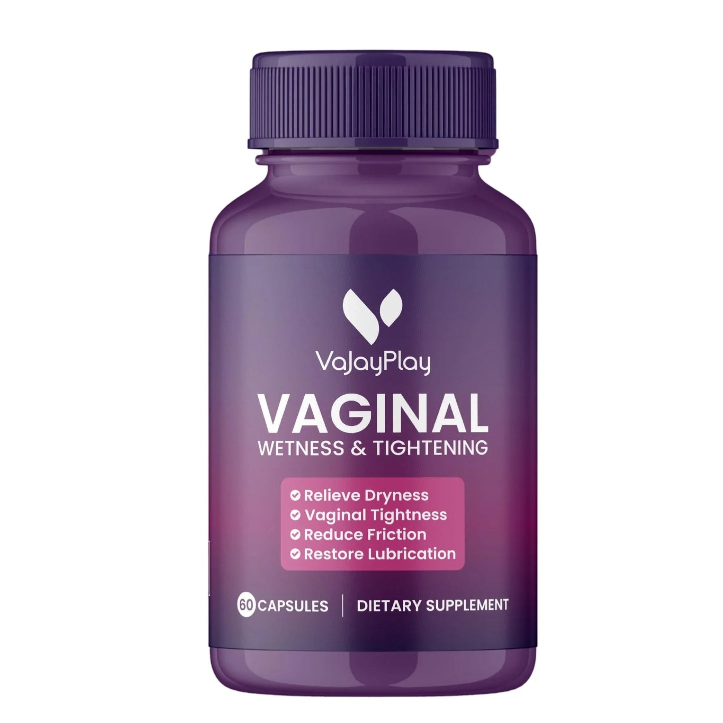 Purple bottle of VajayPlay vaginal wellness supplement on a white background