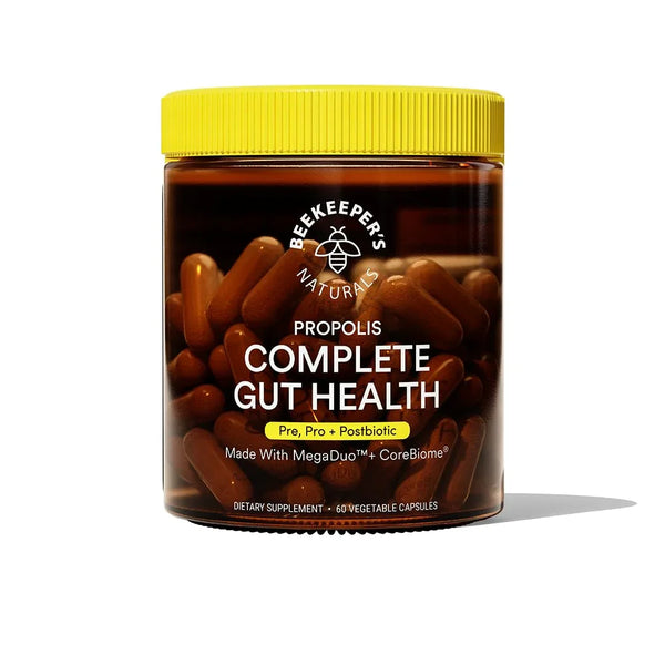 Beekeeper's Naturals Complete Gut Health, 3-in-1 Prebiotic, Postbiotic, Probiotics for Digestive Health & Bloating Relief for Women & Men, Propolis Powered, Gluten-Free Vegan Capsules, 60ct