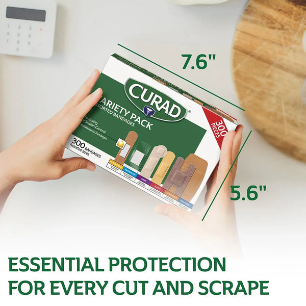 CURAD Assorted Bandages Variety Pack, 300 Count, 6 Styles Including Antibacterial, Waterproof, Sheer, Plastic, Heavy Duty & Flex-Fabric, Protects Scrapes, Cuts & Burns, Latex-Free