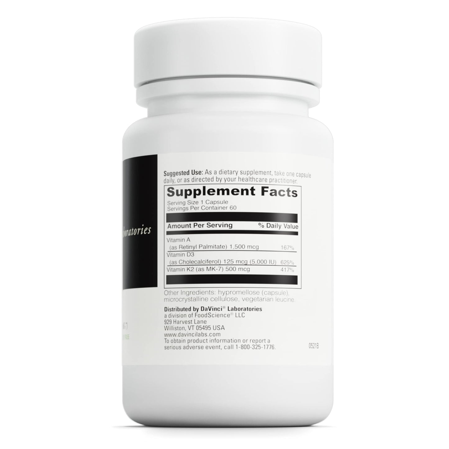DaVinci Labs ADK - Helps Support Bone, Heart & Immune Health* - Dietary Supplement with Vitamins A, D3 & K2 (as MK-7) - Vegetarian, Gluten Free & Soy Free - 60 Capsules
